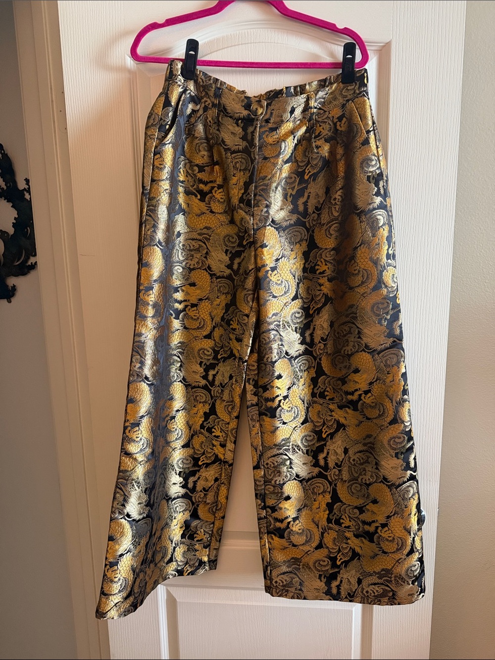 Dressed in LALA Metallic Gold & Black Dragon print Brocade Dress Pants.